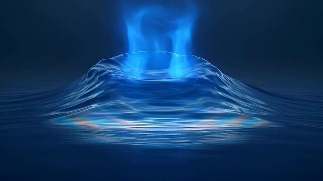 Blue flame water wave abstract dark background glowing light fluid motion energy reflection ripple smoke fire liquid surface serene ocean mist vapor digital art