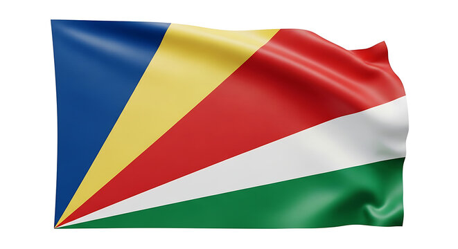 Seychelles Flag Waving Motion on White Background, Vibrant Colors, National Symbol