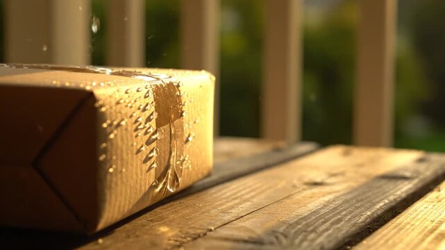 Water dripping on wooden deck surface.