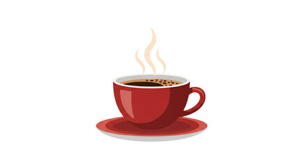 Obraz premium Hot Coffee in Red Ceramic Cup with Steam and Saucer Illustration Isolated on White Background