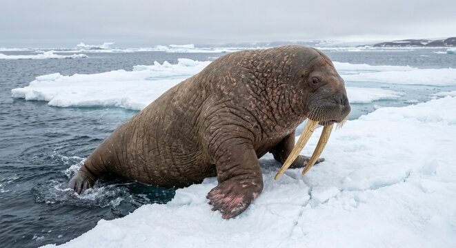 A wide-angle environmental photograph of a massive Walrus dragging its heavy body onto a floating ice floe. Its powerful flippers are gripped onto the jagged ice, and its tusks are used as "ice picks"