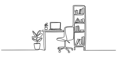 Continuous single line drawing of a modern home office workspace with a desk chair laptop and bookshelf Vector, illustration © Alo 2026 Arts