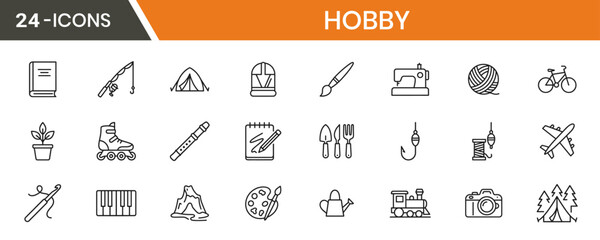 Hobby Line Icon Set – Creative Activities, Leisure, Craft, Travel, Music, Outdoor Outline Icons Collection © SHEULI