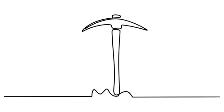 Continuous one line drawing of a pickaxe tool used for mining and digging in the ground Vector, illustration