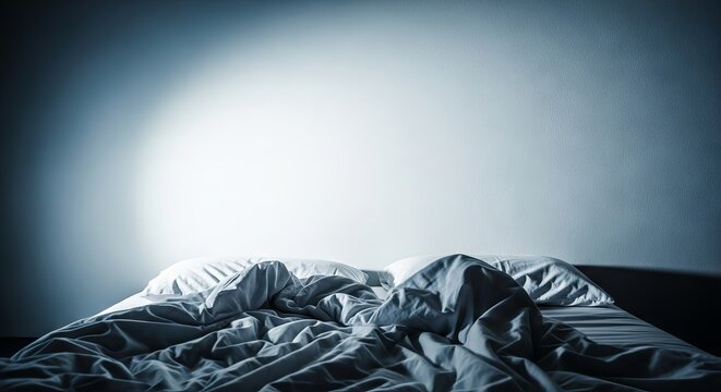 View from a bed looking up at a plain white ceiling in a dark hotel room, featuring rumpled sheets and shadows during a sleepless night, darkroom, still, linens