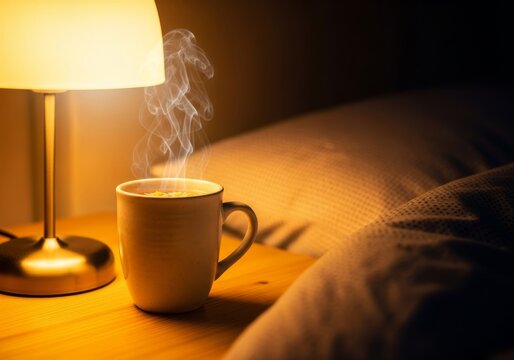 Warm glowing bedside lamp illuminates a steaming ceramic mug of chamomile tea resting on a cozy wooden table near soft pillowy bedding, cup, domestic, drink