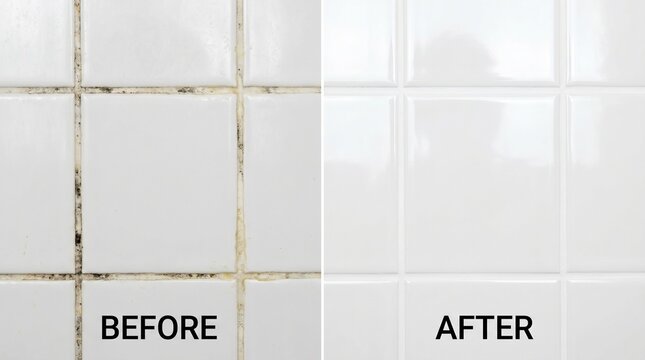 Before and after image displaying a dramatic transformation of dirty, moldy tile grout to sparkling clean white lines.