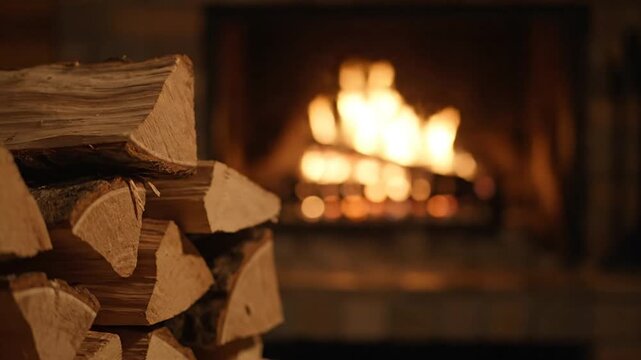 Woodpile beside warm fireplace indoors.