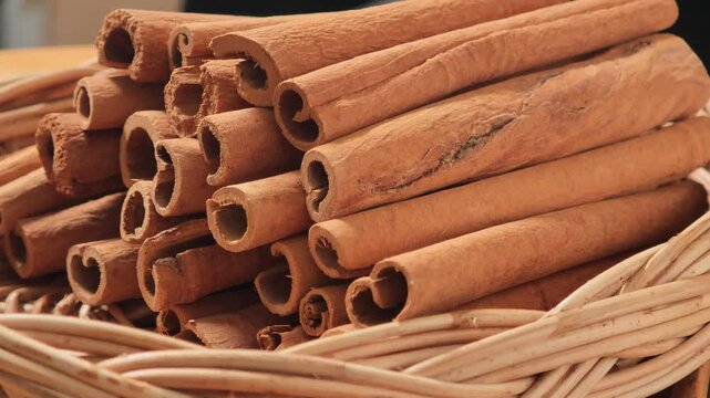 Close-up view of cinnamon in a basket.	