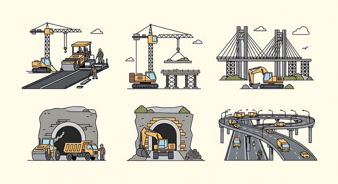 Line art depicting various construction scenes, including road paving, bridge building, and tunnel excavation, showcasing heavy machinery