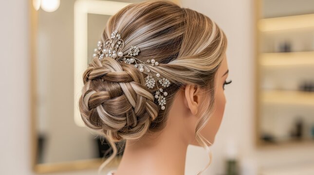 Elegant bridal hairstyle featuring a braided bun adorned with a decorative hairpiece, showcasing intricate styling and soft blonde highlights.