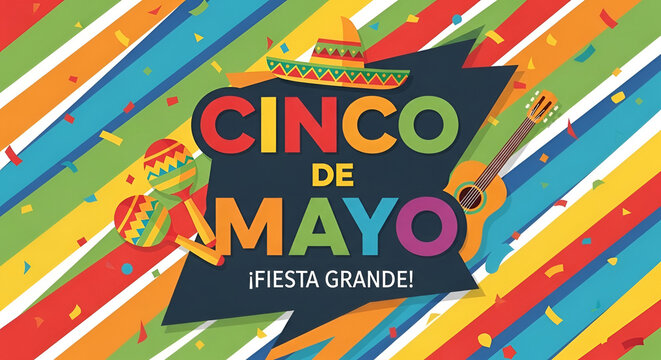 Festive Cinco de Mayo illustration with sombrero guitar maracas and colorful confetti on striped background