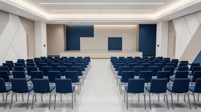 Modern conference room with rows of blue chairs facing a minimalist stage with a blue and beige backdrop.