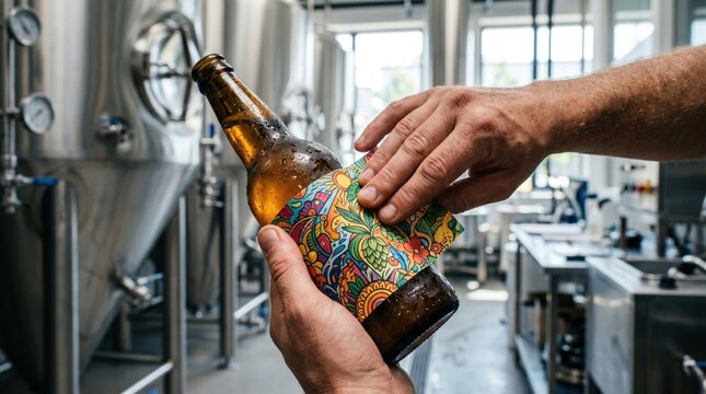 Male brewer applying a colorful artisanal label to a craft beer bottle in a small batch microbrewery
