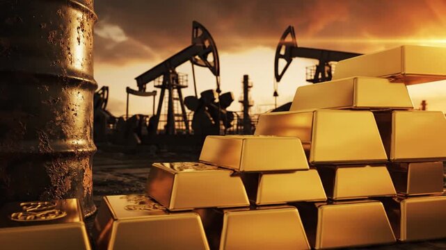 Cinematic 3D render of a black industrial petroleum drum next to stacked gold bullion bars forming a rising chart with distant pumping jacks, representing global energy market inflation and growth.
