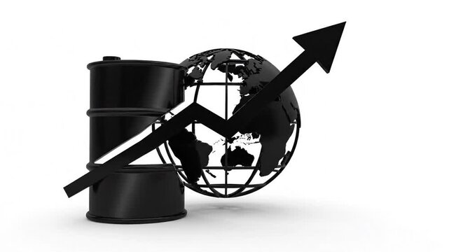 Minimalist black icon of an oil drum integrated with an upward trend arrow chart crossing a planet sphere representing global fuel commerce and economic trade status on isolated white background