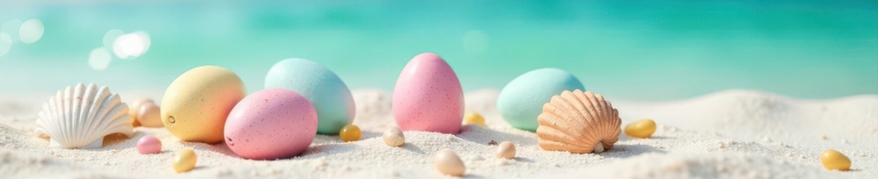 Pastel Easter eggs nestled amongst seashells on white sand beach, easter, holiday, sand