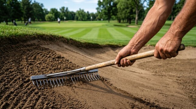 Close up of male groundskeeper hands raking sand trap on professional golf course