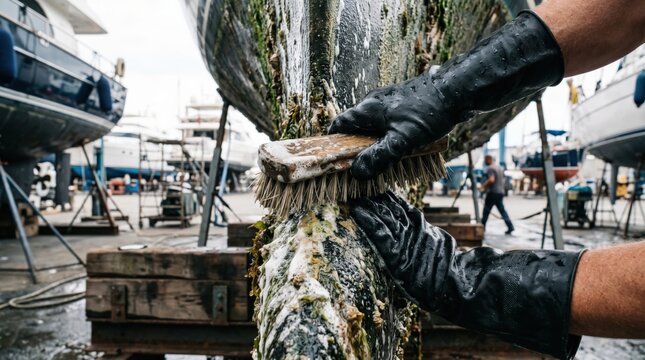 Professional worker in black gloves scrubbing algae and biofouling from a boat hull in a shipyard