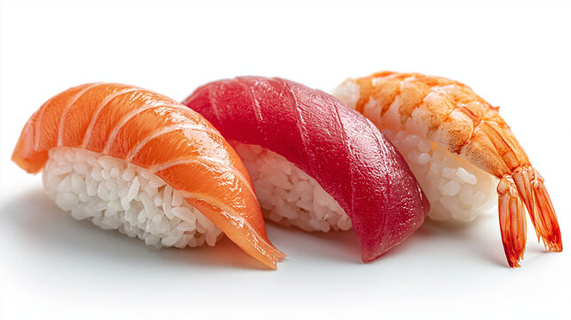 白背景に並べたサーモンとマグロとエビのにぎり寿司
