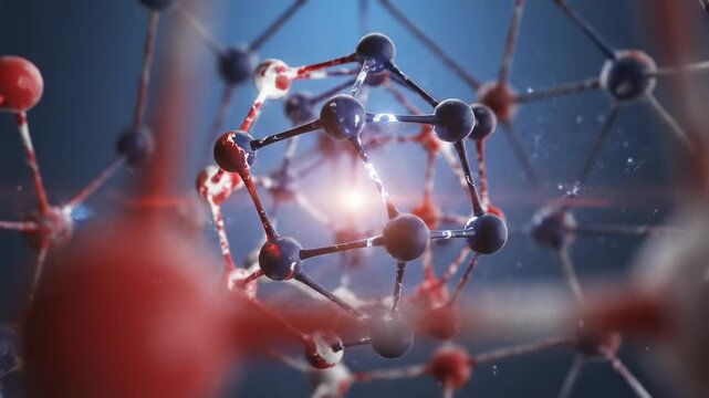 Abstract molecular structure with glowing red and blue atoms interconnected, representing science and technology, medical research, or complex systems