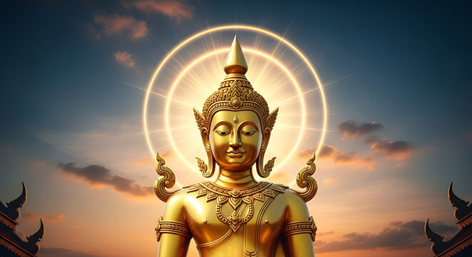 Golden Buddha statue with glowing halo against a dramatic sunset sky