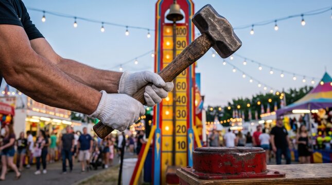Strong man hands holding sledgehammer at a vintage carnival strength tester game at dusk