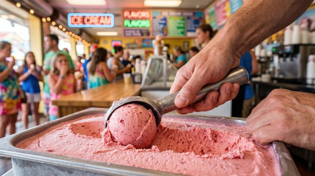 Close up of hand scooping artisanal strawberry gelato in a busy summer ice cream parlor