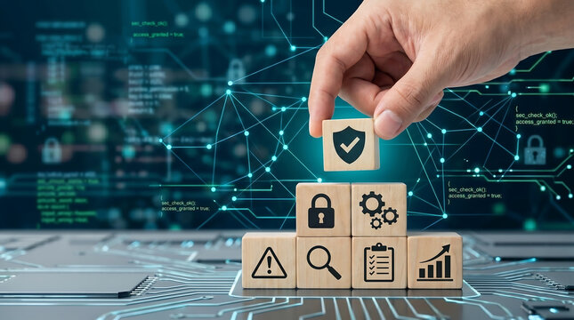 hand placing wooden block with security shield icon on stack of tech icons representing digital safety data protection and cybersecurity strategy concept