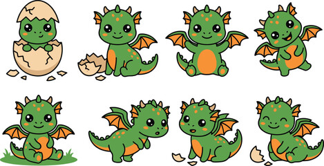Obraz premium Cute Baby Dragon Cartoon Character Set with Various Expressions and Egg Hatching Scenes for Kids Fantasy Illustration and Adorable Creature Vector Collection