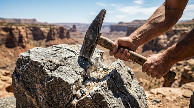 Muscular man using a geology pick to break a rock while mineral prospecting in a desert canyon.