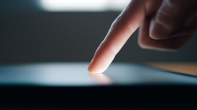 Finger touching a screen: Close-up of finger pressing on a dark screen, digital interaction, technological concept