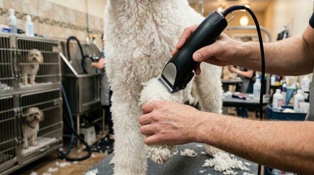 Professional Male Groomer Trimming White Poodle Paw with Electric Clippers in Salon