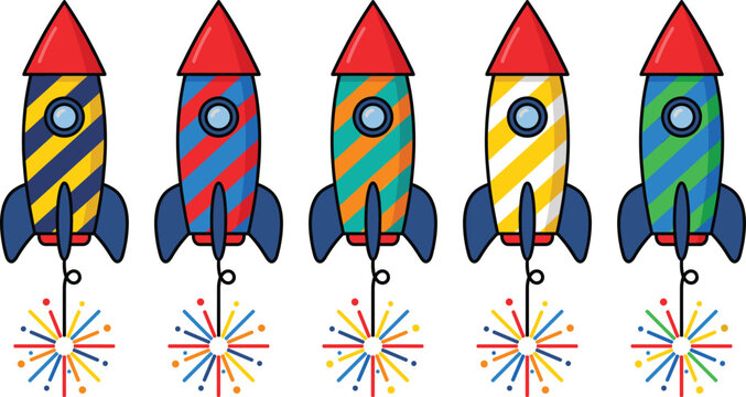 Colorful Cartoon Rocket Fireworks Set with Different Striped Designs and Explosion Effects for Celebration Festival Party and Kids Illustration Vector Collection