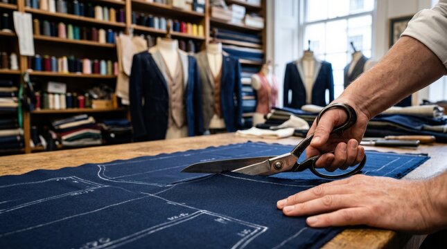 Artisanal male tailor cutting blue wool fabric with shears for bespoke suit in traditional workshop