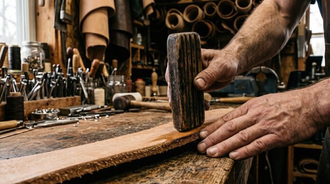 Professional male craftsman burnishing leather strap edge in traditional workshop
