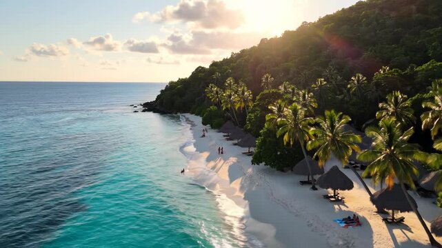 Aerial view of a tropical beach with turquoise ocean water, white sand, and palm trees at sunset, featuring thatched umbrellas and people relaxing