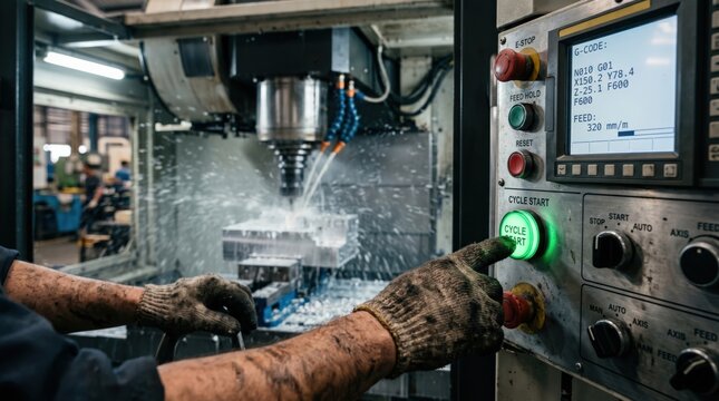 Industrial worker pressing cycle start button on CNC milling machine for precision metal fabrication