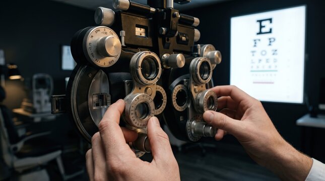 Optometrist hands adjusting phoropter for comprehensive vision test and refractive error diagnosis