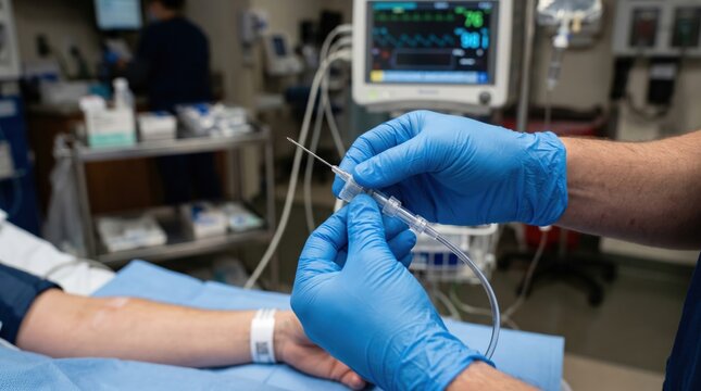 Male Healthcare Professional Preparing Arterial Line Catheter for Hemodynamic Monitoring in ICU