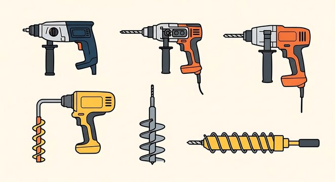 Illustration showcases various electric drills and drill bits, highlighting power tools and their diverse uses in construction and repair