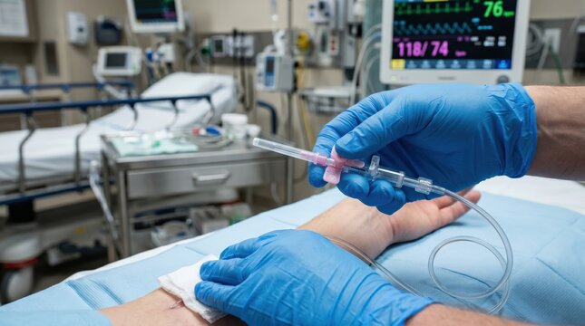 Healthcare professional inserting arterial line into patient wrist in ICU hospital room