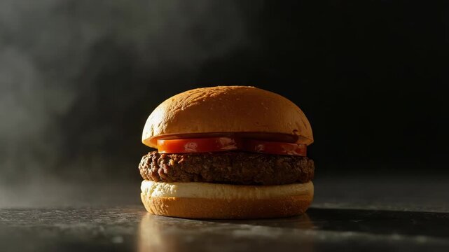 Smoky moody burger with juicy patty and tomato slice on toasted bun, cinematic smoke ambiance