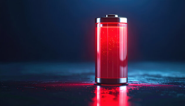 Battery low battery red glowing power energy 3d render warning, red glowing battery icon dark background for low power warning
