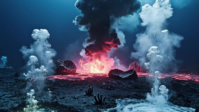Underwater volcanic eruption on the ocean floor with glowing lava, rising smoke plumes, and hydrothermal vents in the deep sea