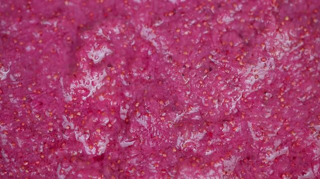 Close inspection highlighting ripe berry texture and shiny seeds. Intimate culinary macro capturing luscious crushed strawberry surface with vibrant color and glossy seeds