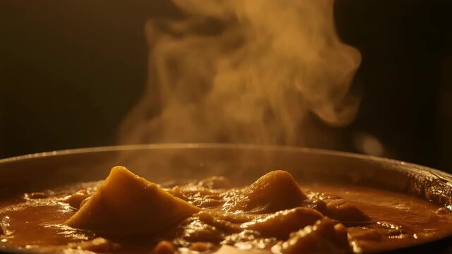 Steaming dumpling soup with rich broth, steaming curry potato chunks and steaming soup with