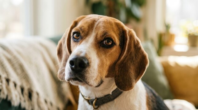 A beagle dog sitting on a couch with a blanket.