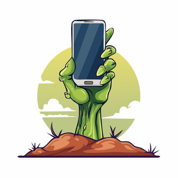 Zombie Hand Holding Smartphone Emerging from Ground