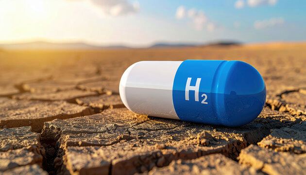 Hydrogen capsule drought earth cracked soil renewable energy potential concept for clean fuel and climate change solution under warm sunset light
